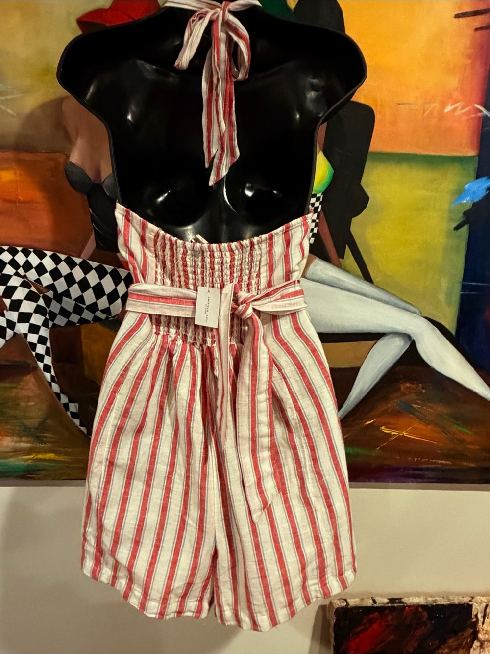 NWT American Eagle Sz.M Striped Linen Blend Halter Romper - Picture 3 of 6